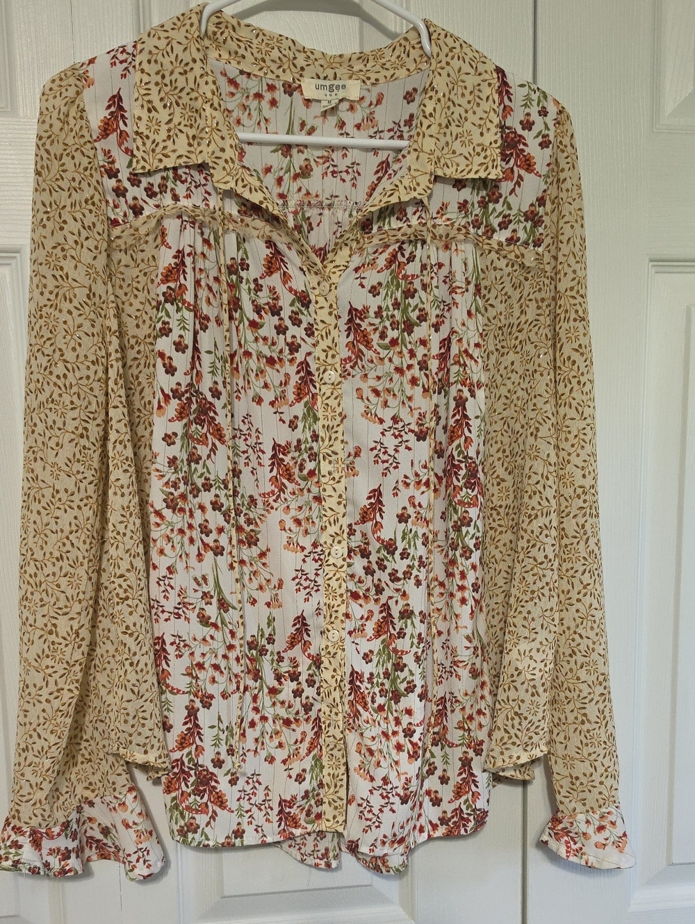 Umgee Cream Floral Button-Down Shirt with Rust and Green Accents